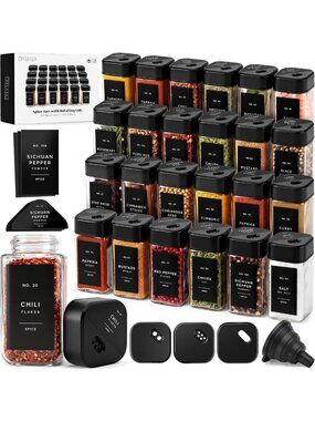 24 Glass Square Spice Jars with Labels & Black Lids - Perfect for Kitchen